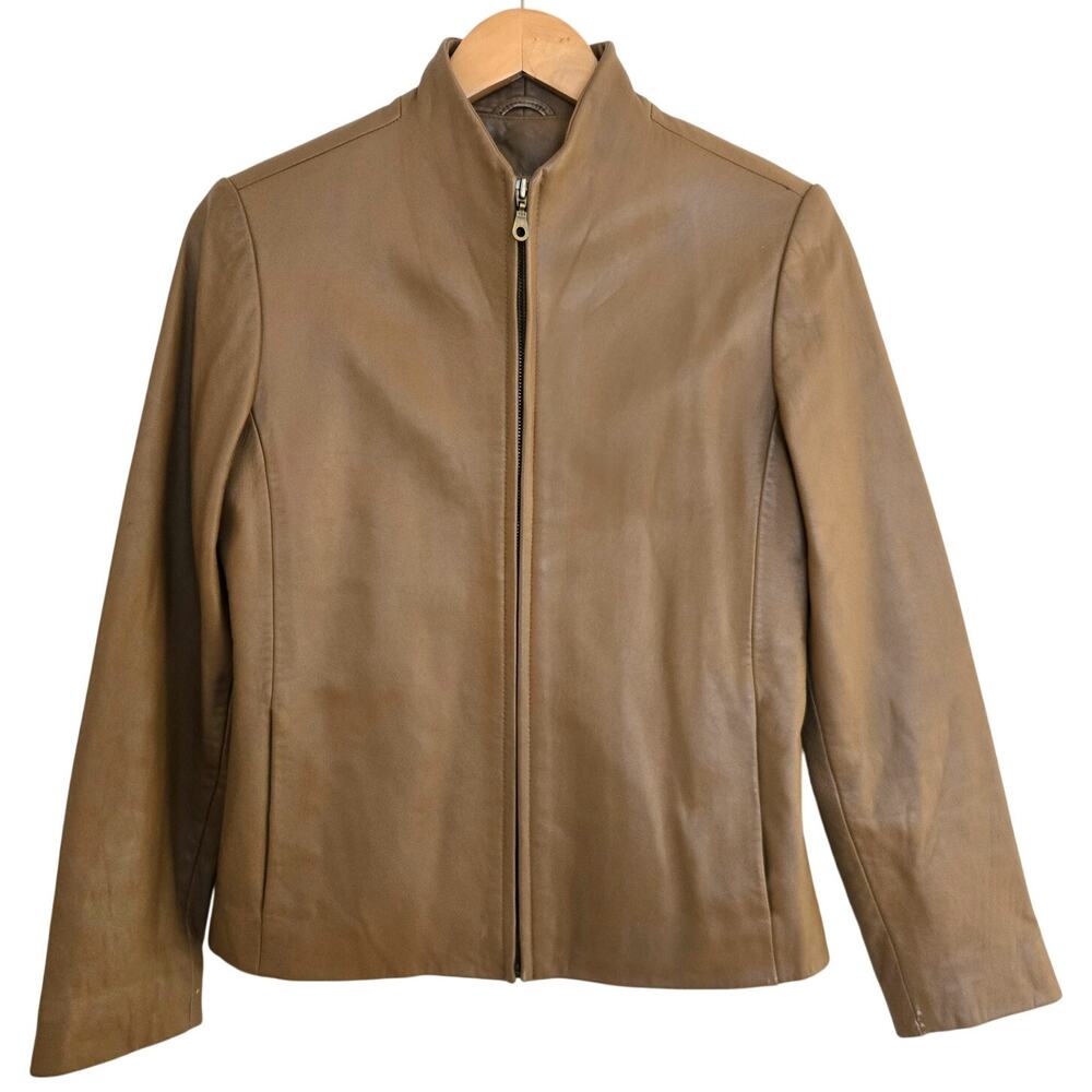 Coldwater Creek Vintage Lambskin Leather Jacket S Tan Brown Stand Collar